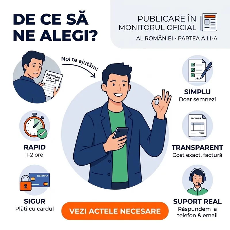 De ce să ne alegi pentru publicarea în Monitorul Oficial: rapid, în 1–2 ore; simplu; transparent, cost exact și factură; sigur, plăți cu cardul prin NETOPIA; suport real la telefon și email
